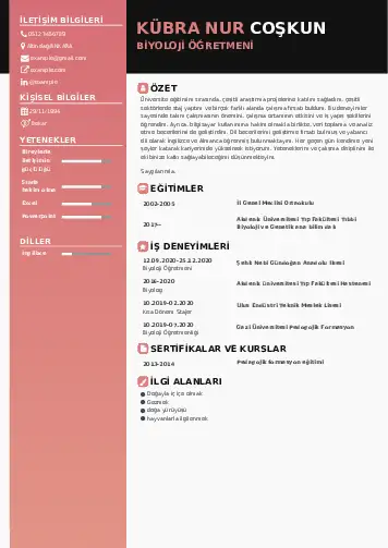 Biyoloji Öğretmeni CV Örnekleri cv indir
